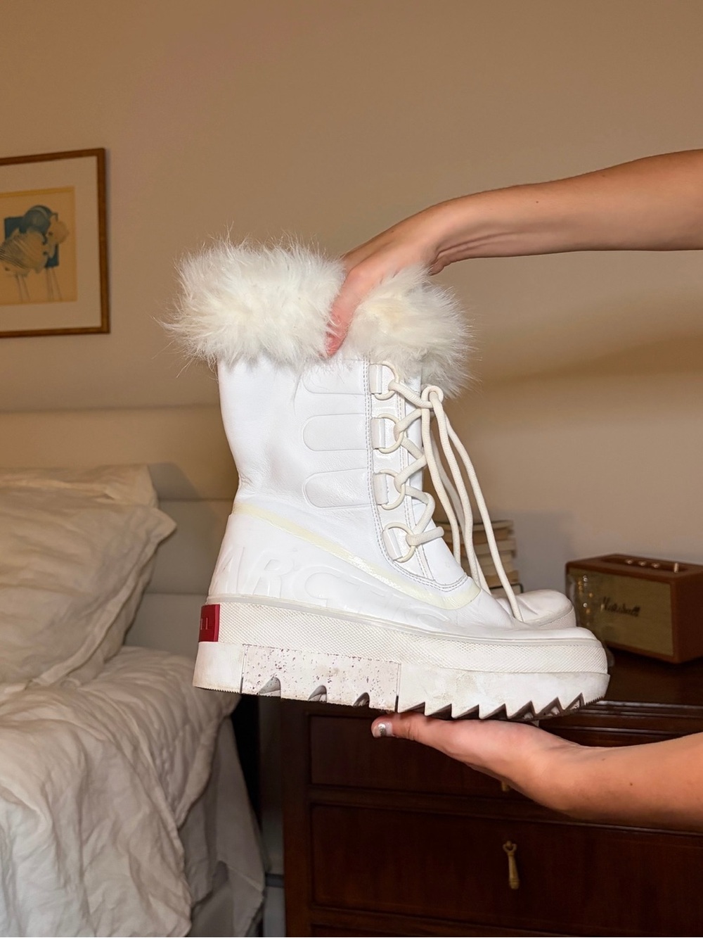 Sorel White Faux-Fur Platform Lace-Up Boot